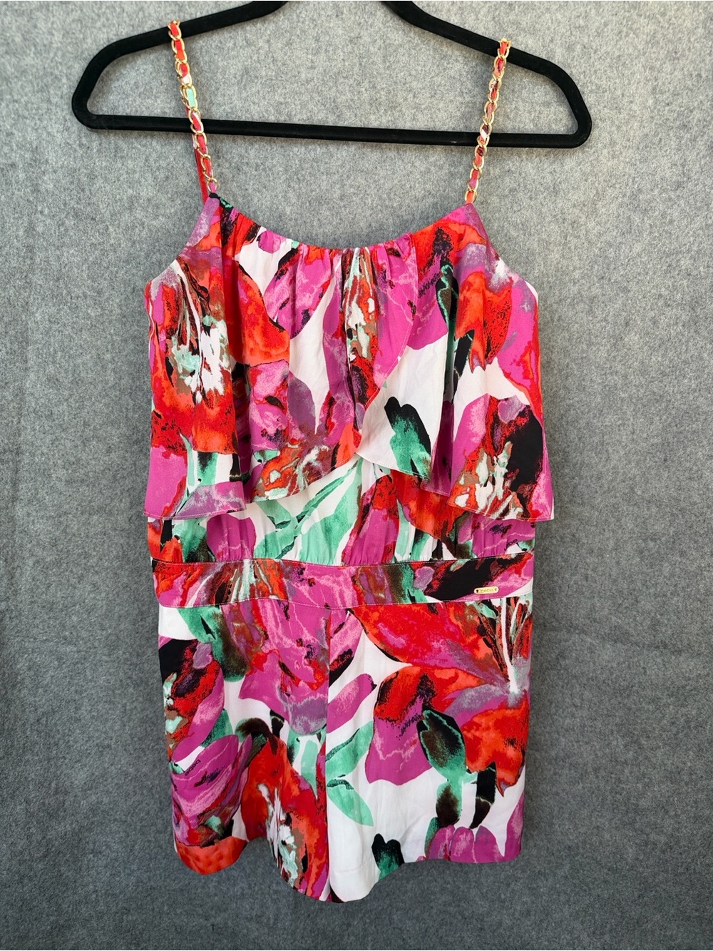 bebe Pink & Red Floral Ruffle Mini Dress